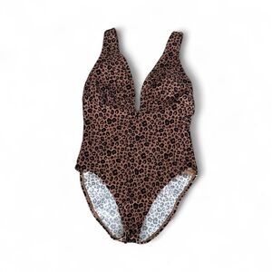 Shade & Shore Women's Plunge Neckline One-Piece Swimsuit in a leopard print